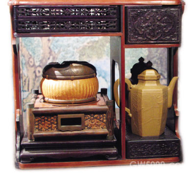 紫檀竹皮包镶手提式茶 及茶炉和六方壶 清乾隆